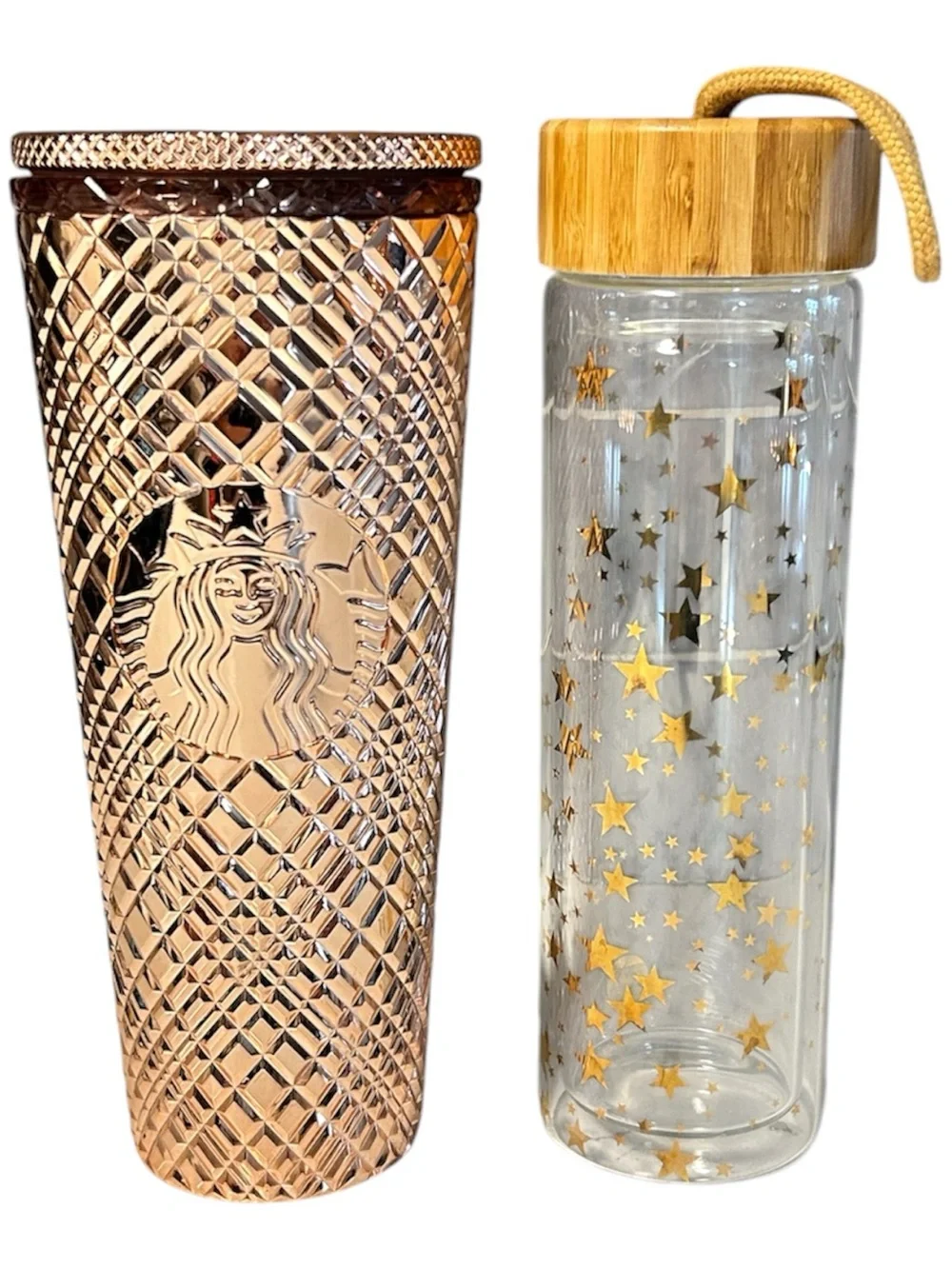 Starbucks Rose Gold Textured Tumbler & Clear Bottle with Gold Stars
